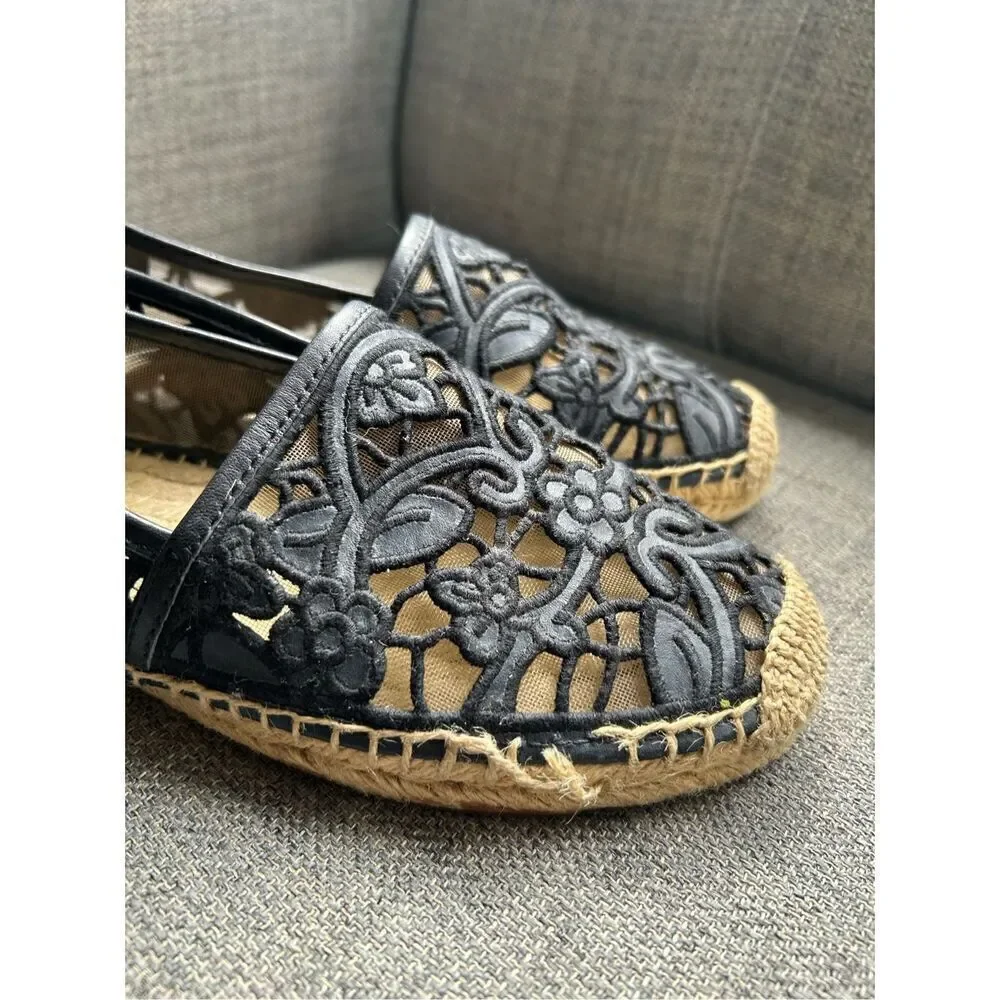Tory Burch Black Cotton Lace and Leather Jackie Espadrilles
